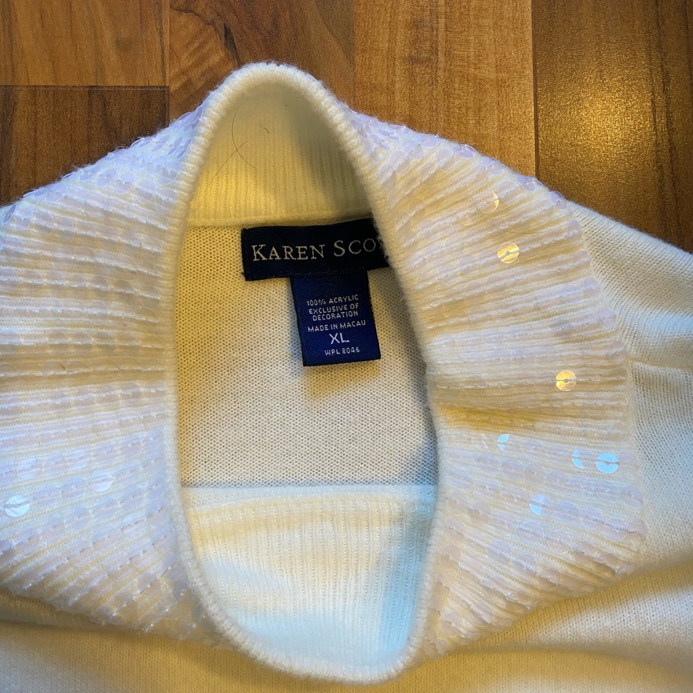 Elegant Karen Scott Mock Turtleneck Cream Pullover Sweater with Sequined Neck XL - Picture 4 of 7